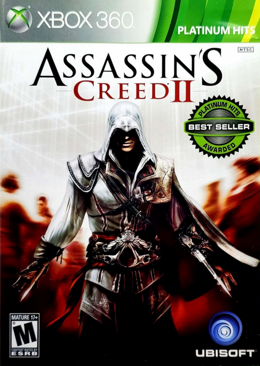 Assassin's Creed II Platinum Hits Xbox 360 open-world action-adventure stealth video game Ubisoft Ezio Auditore Renaissance Italy assassin brotherhood vendetta Florence Venice Monteriggioni exploration parkour climbing tombs codex pages Leonardo da Vinci historical fiction front cover