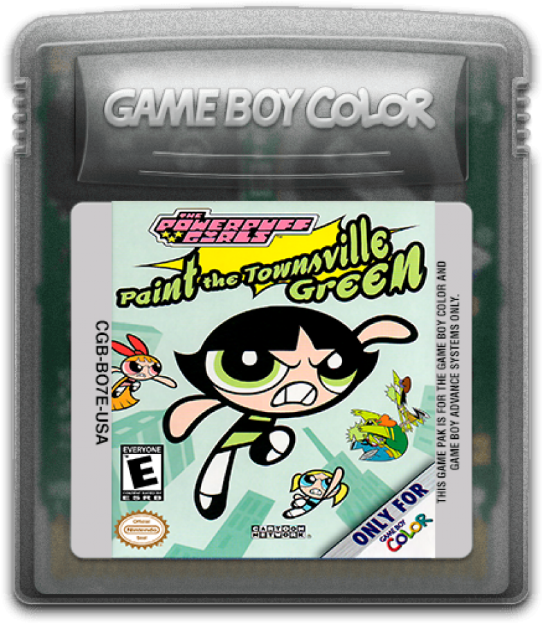 The Powerpuff Girls Paint the Townsville Green for Game Boy Color, cartridge for a platformer video game with side-scrolling gameplay, character-based levels, cartoon-style action, and enemy combat challenges