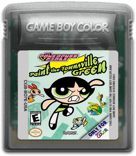 The Powerpuff Girls Paint the Townsville Green for Game Boy Color, cartridge for a platformer video game with side-scrolling gameplay, character-based levels, cartoon-style action, and enemy combat challenges