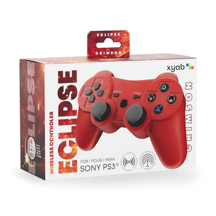 XYAB brand 1-to-1 third-party wireless controller for PlayStation 3 in red featuring analog sticks, action buttons, shoulder buttons, and ergonomic design