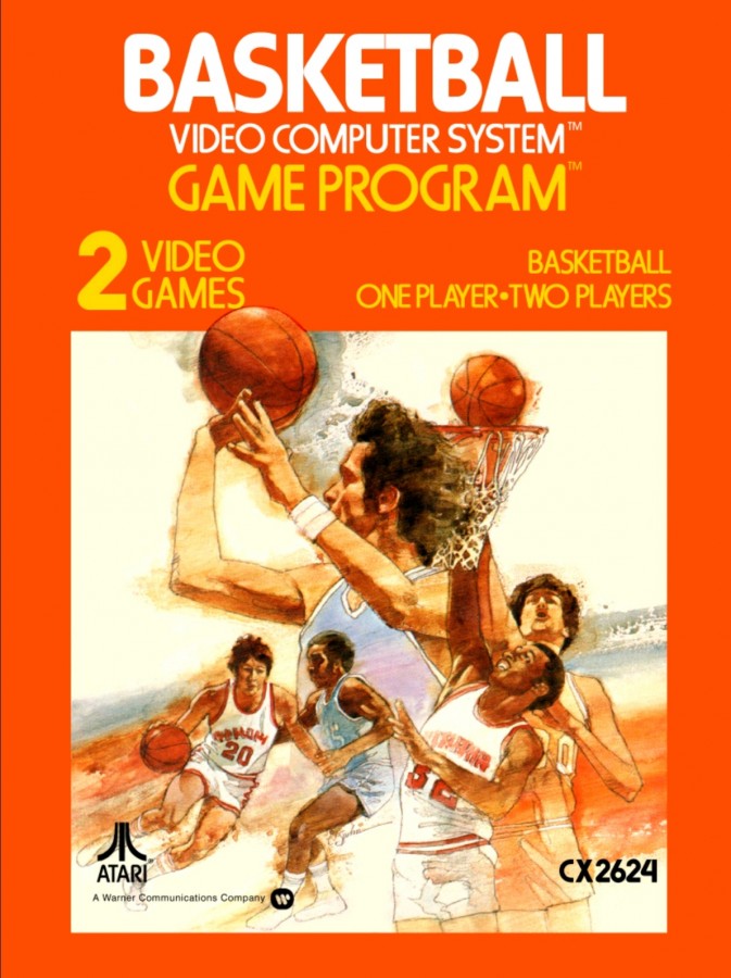 Basketball Text Label Atari 2600 video game featuring basketball sports gameplay competitive matches shooting challenges passing defense scoring and classic Atari 2600 arcade sports action retro video game collection collectible gaming appeal front cover art