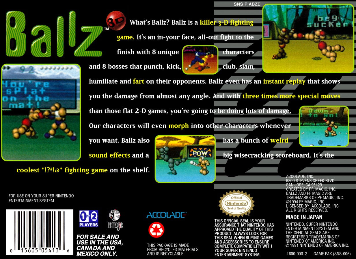 Ballz 3D retro SNES video game Ballz 3D fighting game one on one combat quirky characters arcade style battles polygon graphics console title Super Nintendo release back of case