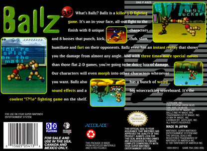 Ballz 3D retro SNES video game Ballz 3D fighting game one on one combat quirky characters arcade style battles polygon graphics console title Super Nintendo release back of case