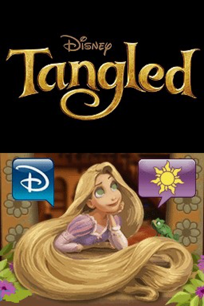 Disney Tangled Nintendo DS title screen inspired design featuring fairy tale adventure gameplay aesthetic Rapunzel and Flynn Rider journey magical kingdom exploration charming story driven challenges colorful environments family friendly fun and portable handheld gaming presentation
