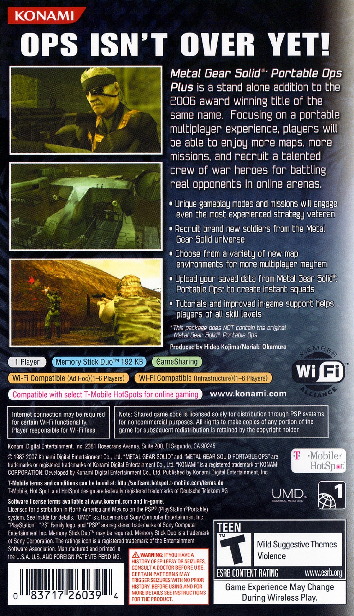 Metal Gear Solid: Portable Ops Plus for PlayStation Portable (PSP) at Gamers INC, featuring the standalone expansion to the tactical stealth hit that focuses on an enhanced multiplayer experience and the "Infinity Mission" mode, allowing you to recruit a massive army of unique soldiers—including legendary series characters—to build the ultimate Foxhound unit in Hideo Kojima’s portable military epic back cover 