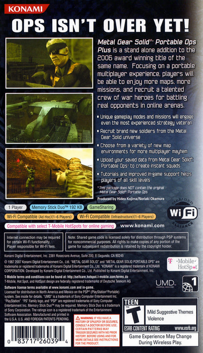 Metal Gear Solid: Portable Ops Plus for PlayStation Portable (PSP) at Gamers INC, featuring the standalone expansion to the tactical stealth hit that focuses on an enhanced multiplayer experience and the "Infinity Mission" mode, allowing you to recruit a massive army of unique soldiers—including legendary series characters—to build the ultimate Foxhound unit in Hideo Kojima’s portable military epic back cover 