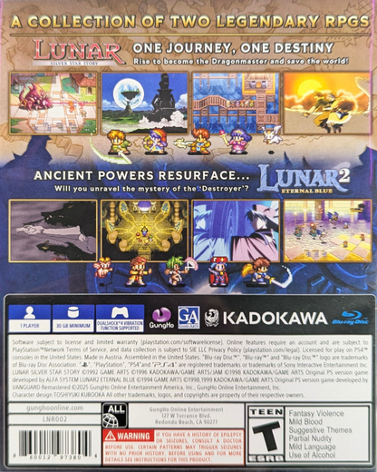 Lunar Remastered Collection PlayStation 4 JRPG classic remastered compilation Silver Star Story Complete Eternal Blue Complete anime cutscenes turn-based combat back cover