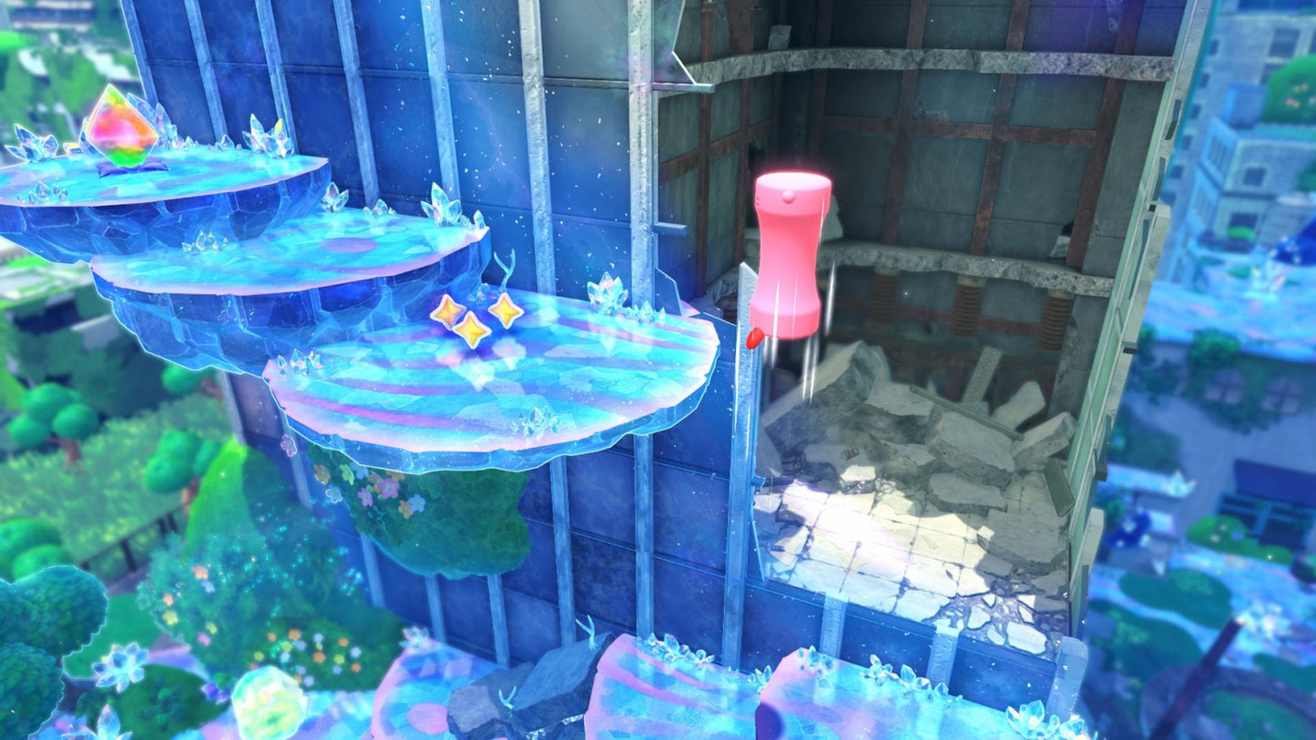 Kirby and the Forgotten Land Star Crossed World Nintendo Switch 2 inspired design featuring colorful 3D platform adventure aesthetic beloved pink hero exploration across vibrant post apocalyptic worlds imaginative abilities cooperative gameplay charming Nintendo action presentation gameplay