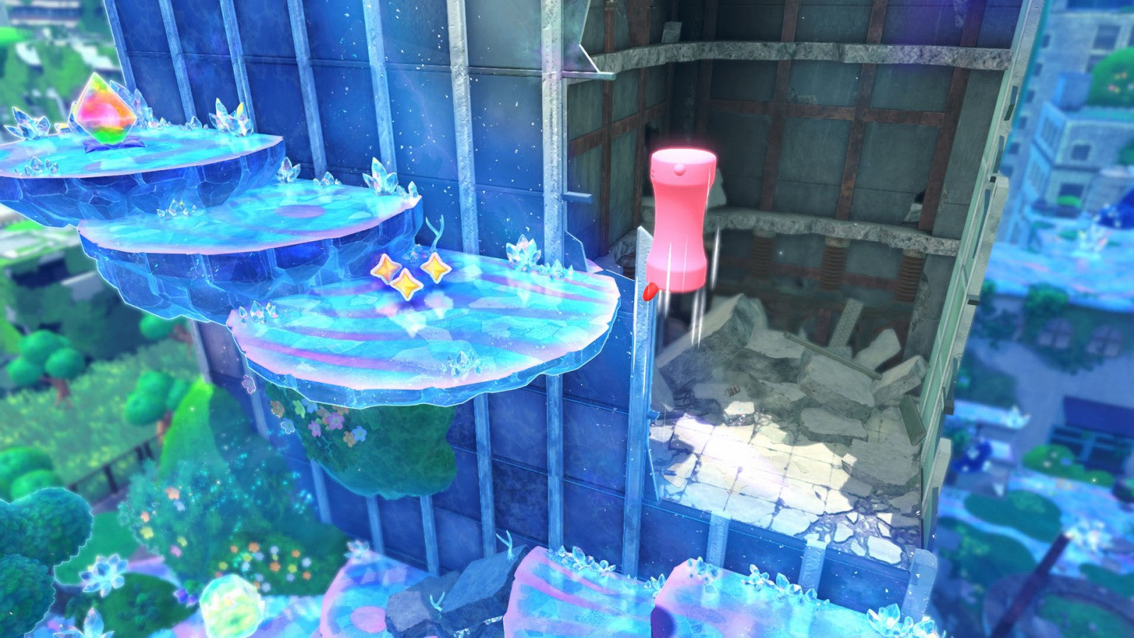 Kirby and the Forgotten Land Star Crossed World Nintendo Switch 2 inspired design featuring colorful 3D platform adventure aesthetic beloved pink hero exploration across vibrant post apocalyptic worlds imaginative abilities cooperative gameplay charming Nintendo action presentation gameplay