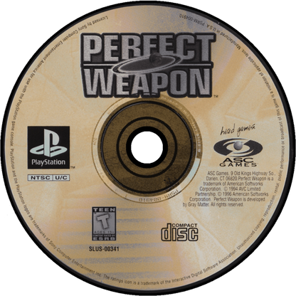 Perfect Weapon action-adventure video game for the original Sony PlayStation (PS1), featuring a powerful warrior battling enemies through futuristic environments, using melee attacks, weapons, special abilities, and fast-paced combat while exploring dangerous levels and taking on challenging bosses disc