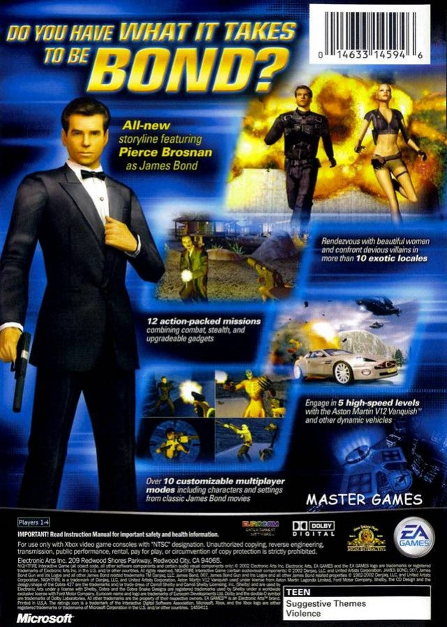 007 Nightfire Xbox game featuring first-person shooter action, espionage missions, and cinematic James Bond adventure back cover art