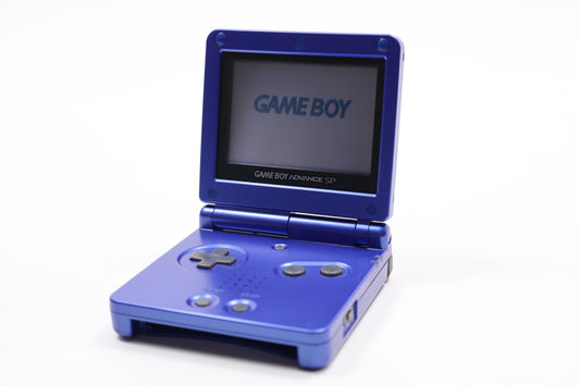 Cobalt Blue Game Boy Advance SP handheld console featuring compact flip design and retro gaming style
