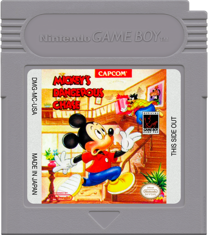 Mickey's Dangerous Chase cartridge art for Game Boy (GB) video game