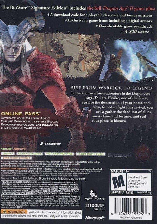 Dragon Age II BioWare Signature Edition PlayStation 3 PS3 video game featuring action role playing gameplay Hawke character fantasy adventure party combat character customization quests dialogue choices tactical battles exploration and BioWare Signature Edition collectible gaming appeal retro video game collection collectible gaming appeal back cover art