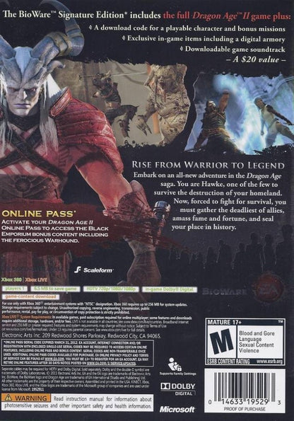 Dragon Age II BioWare Signature Edition PlayStation 3 PS3 video game featuring action role playing gameplay Hawke character fantasy adventure party combat character customization quests dialogue choices tactical battles exploration and BioWare Signature Edition collectible gaming appeal retro video game collection collectible gaming appeal back cover art