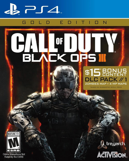 Call of Duty: Black Ops III [Gold Edition] for PlayStation 4 (PS4) at Gamers INC, featuring the complete futuristic warfare experience with the full base game, the "Awakening" DLC pack including four multiplayer maps and the Der Eisendrache Zombies chapter, and the fan-favorite Nuk3town bonus map front cover