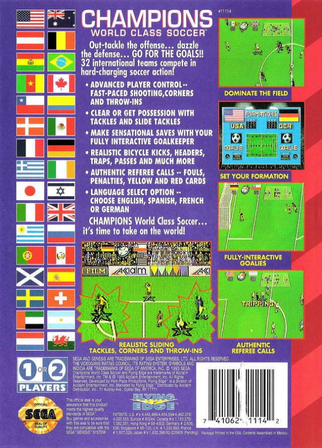 Champions World Class Soccer back cover art for Sega Genesis (GEN) video game