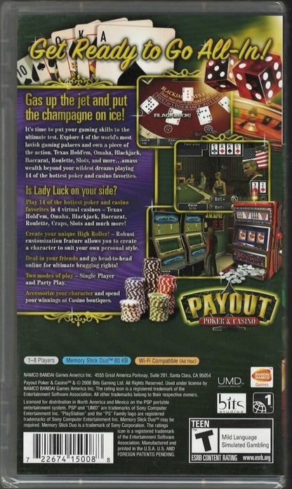 Payout Poker and Casino PlayStation Portable PSP for retro video game enthusiasts featuring casino simulation gameplay poker blackjack slot machines classic table games handheld entertainment card game challenges and collectible gaming appealback cover