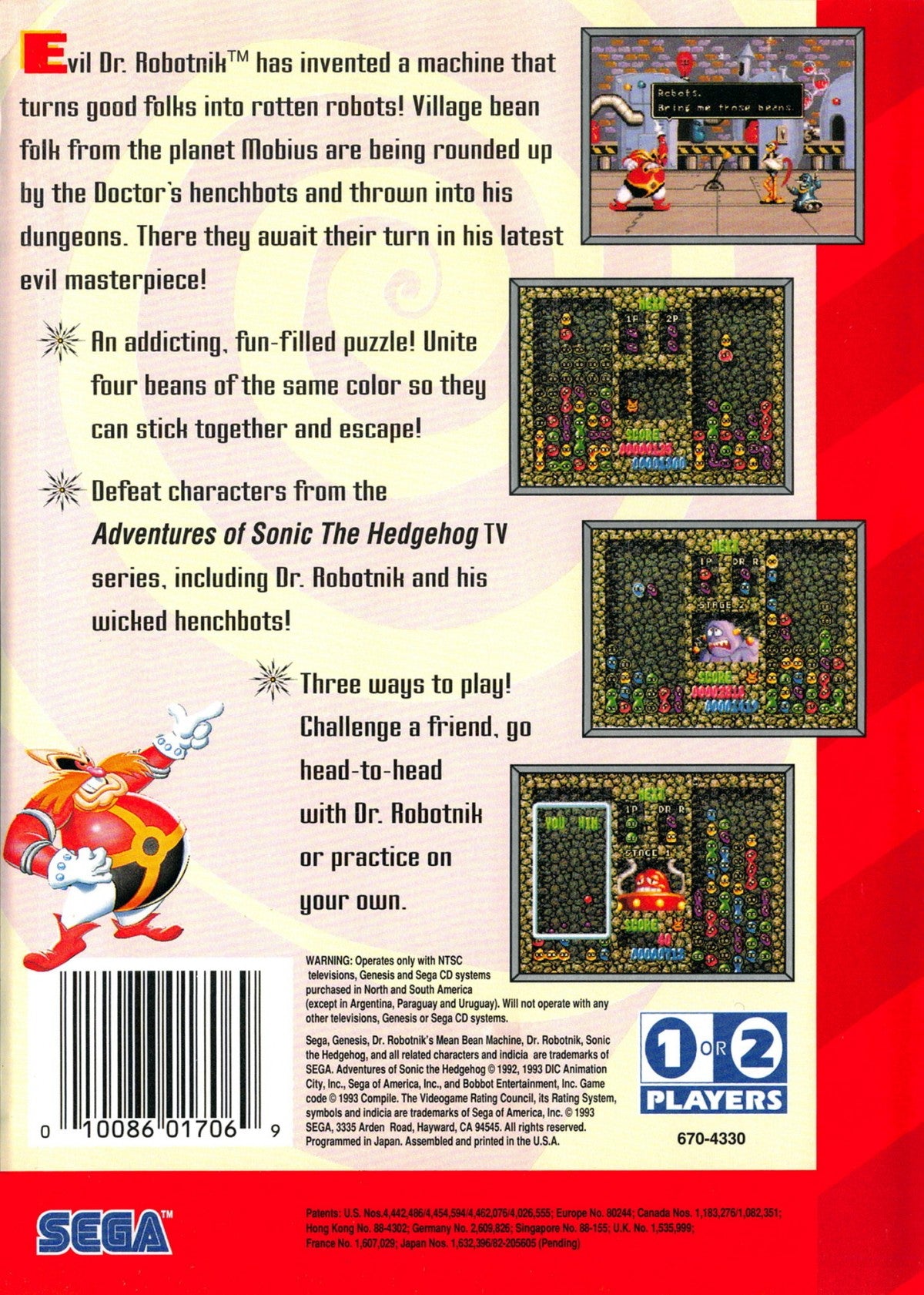Dr Robotniks Mean Bean Machine Sega Genesis retro video game puzzle game back of case (1993)