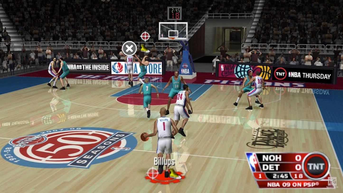 NBA 09: The Inside for PSP basketball sports video game featuring authentic NBA teams and players fast paced handheld gameplay franchise and season modes and portable PlayStation basketball simulation experience gameplay
