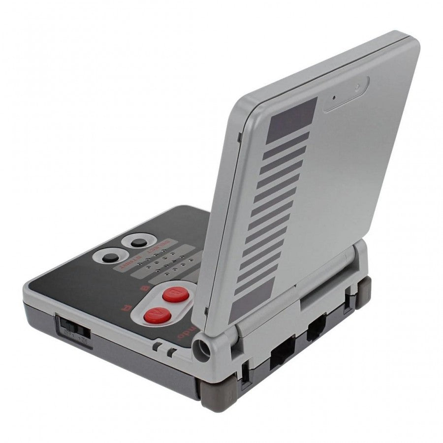 Game Boy Advance SP GBA SP AGS-101 NES Edition handheld gaming console featuring iconic NES inspired design bright backlit AGS-101 screen foldable clamshell form factor rechargeable battery Game Boy Advance and compatible Game Boy Color games portable gaming and visible scratches and scuffs collectible Nintendo hardware appeal back