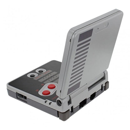 Game Boy Advance SP GBA SP AGS-101 NES Edition handheld gaming console featuring iconic NES inspired design bright backlit AGS-101 screen foldable clamshell form factor rechargeable battery Game Boy Advance and compatible Game Boy Color games portable gaming and visible scratches and scuffs collectible Nintendo hardware appeal back