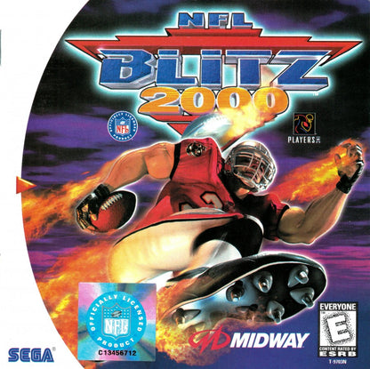 NFL Blitz 2000 Sega Dreamcast DC for arcade football video game fans featuring fast paced NFL action hard hitting tackles aggressive plays exaggerated gameplay powerful hits multiplayer matches team competition and classic Sega Dreamcast gameplay collectible retro gaming appeal front cover art