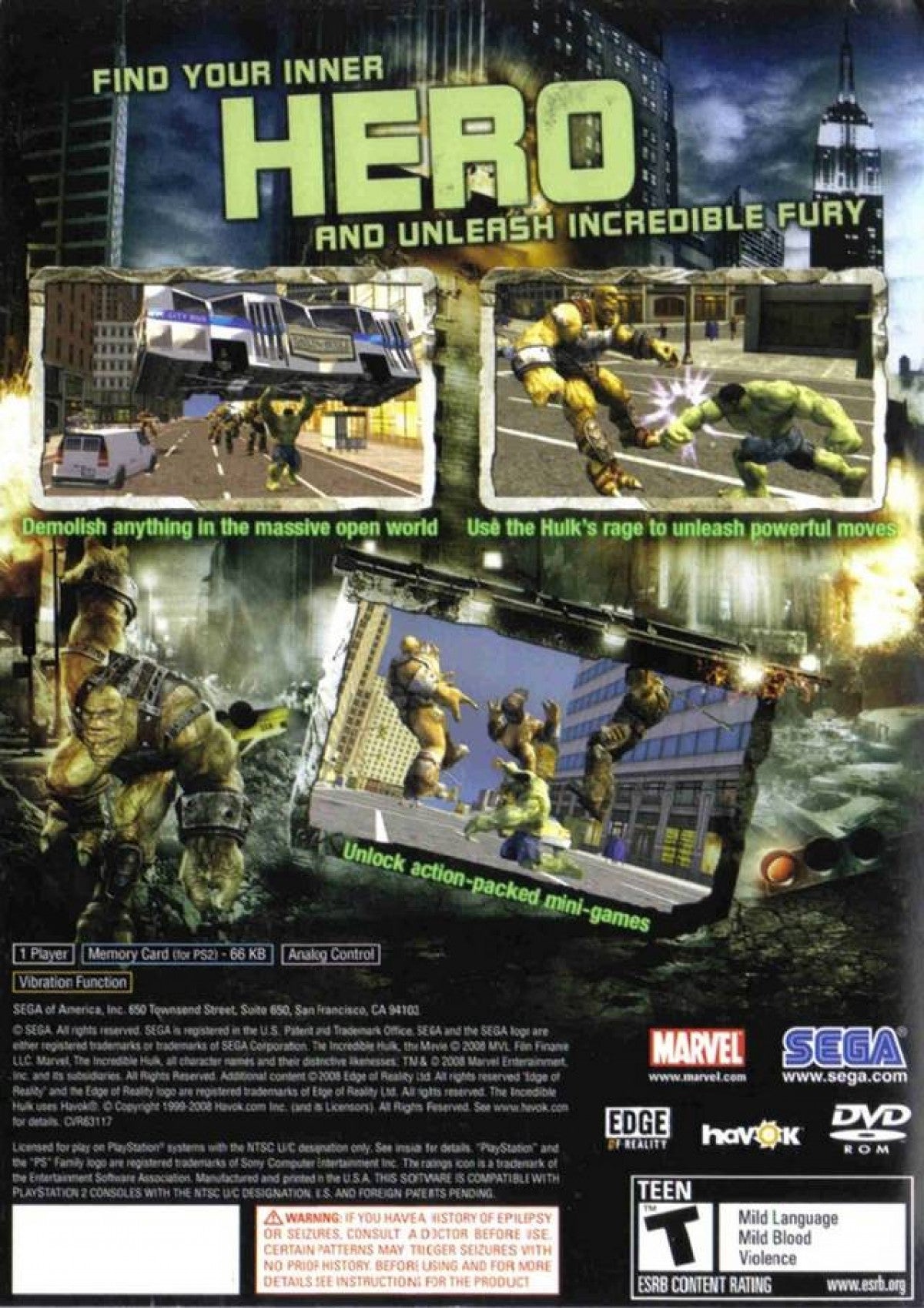 The Incredible Hulk PS2 Sony PlayStation 2 action adventure game Marvel superhero open world destruction combat Bruce Banner Hulk gameplay smashing city free roam missions third person action PlayStation 2 software video game title back cover art