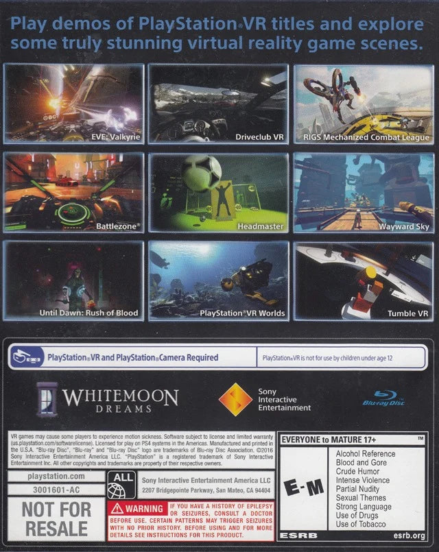 PlayStation VR Demo Disc PlayStation 4 PS4 VR virtual reality demo collection featuring multiple PlayStation VR experiences immersive virtual reality gameplay interactive demos first-person exploration technology showcases and classic PlayStation VR PS4 gaming collectible appeal back