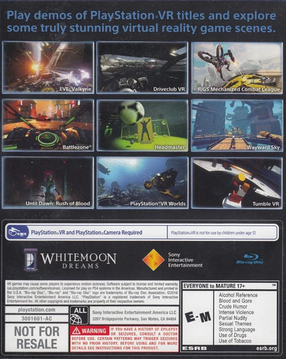 PlayStation VR Demo Disc PlayStation 4 PS4 VR virtual reality demo collection featuring multiple PlayStation VR experiences immersive virtual reality gameplay interactive demos first-person exploration technology showcases and classic PlayStation VR PS4 gaming collectible appeal back