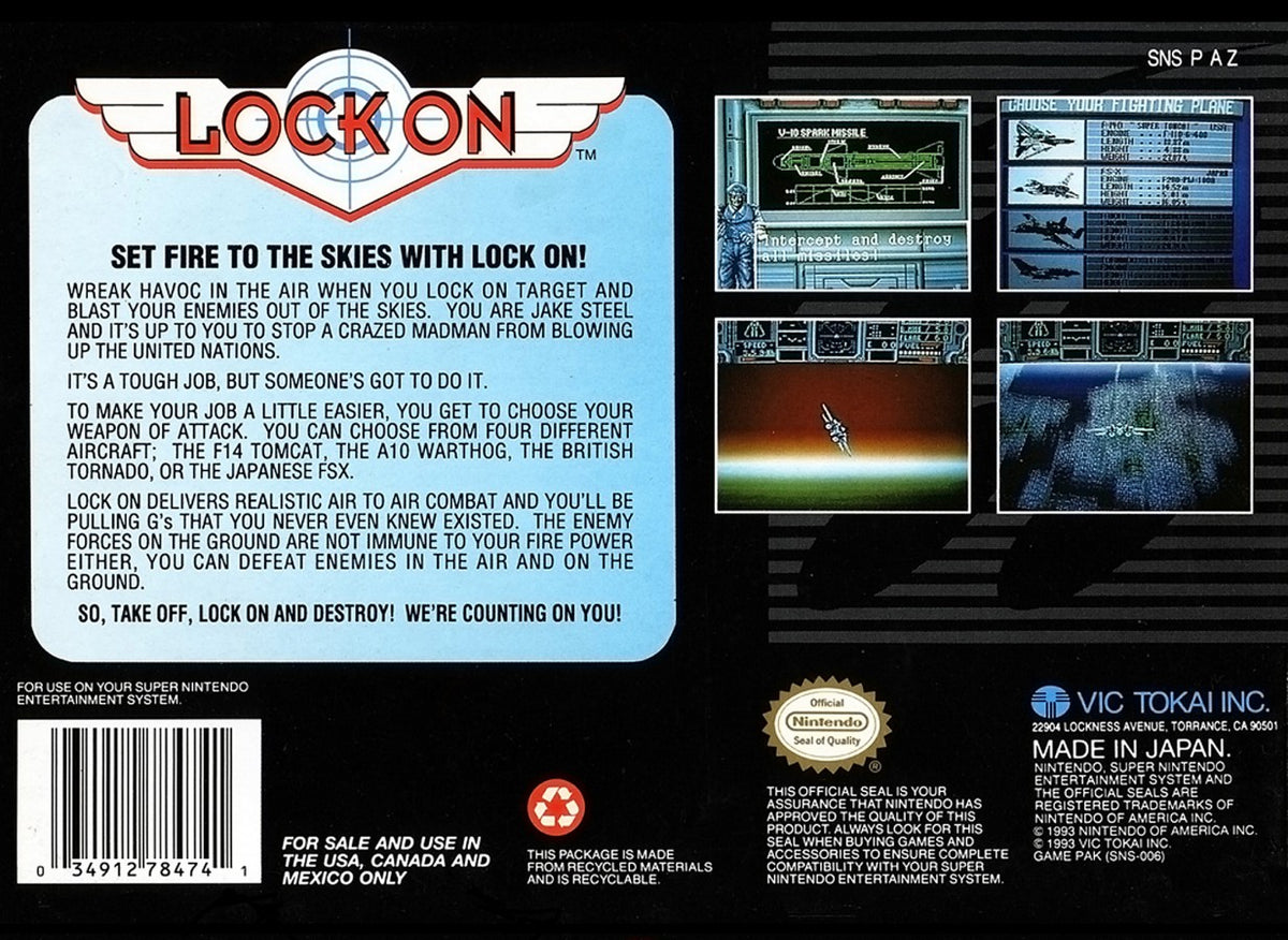 Lock On Super Nintendo Entertainment System SNES retro video game shoot em up action featuring fast paced aerial combat enemy aircraft challenging missions futuristic fighter jet gameplay classic 16 bit graphics Super Nintendo gaming experience retro game collection appeal back cover art