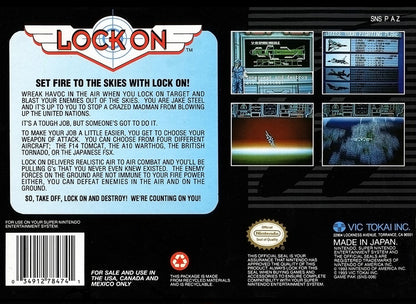 Lock On Super Nintendo Entertainment System SNES retro video game shoot em up action featuring fast paced aerial combat enemy aircraft challenging missions futuristic fighter jet gameplay classic 16 bit graphics Super Nintendo gaming experience retro game collection appeal back cover art