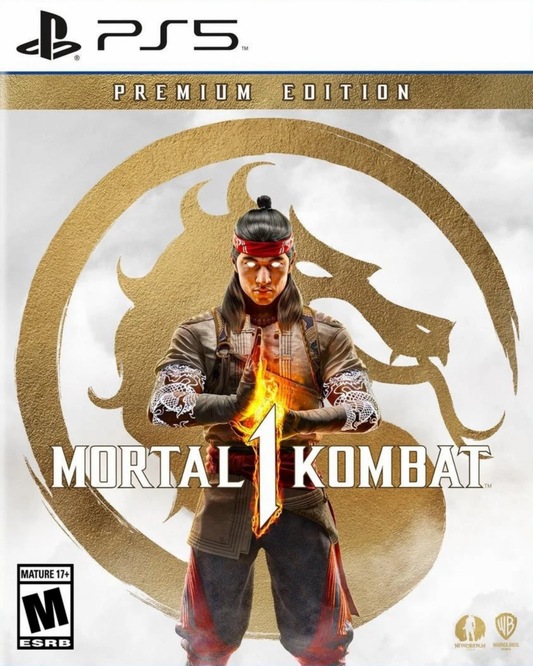 Mortal Kombat 1 Premium Edition for PlayStation 5 (PS5) at Gamers INC, featuring a reborn universe created by the Fire God Liu Kang with an all-new fighting system, brutal fatalities, and exclusive access to the Kombat Pack including six new playable characters and five new Kameo fighters front cover