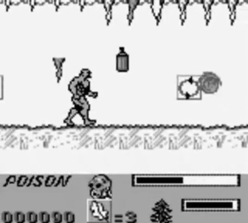 Swamp Thing for Game Boy, gameplay for a side-scrolling action platformer video game with swamp-themed levels, enemy combat, obstacle navigation, and comic-inspired gameplay