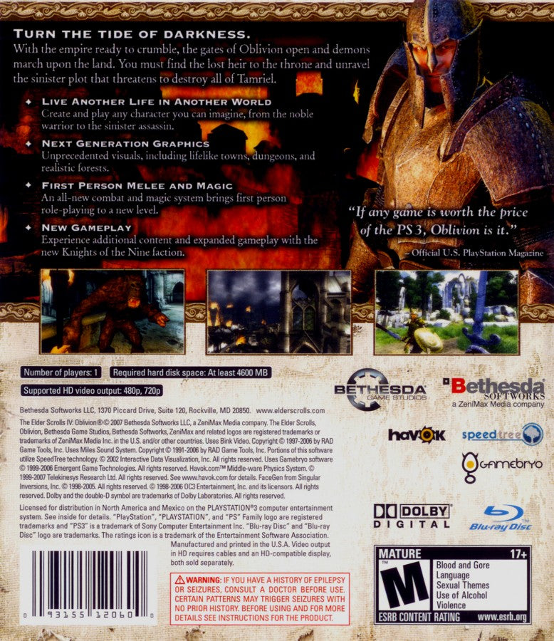 The Elder Scrolls IV: Oblivion back cover art for PlayStation 3 (PS3) video game