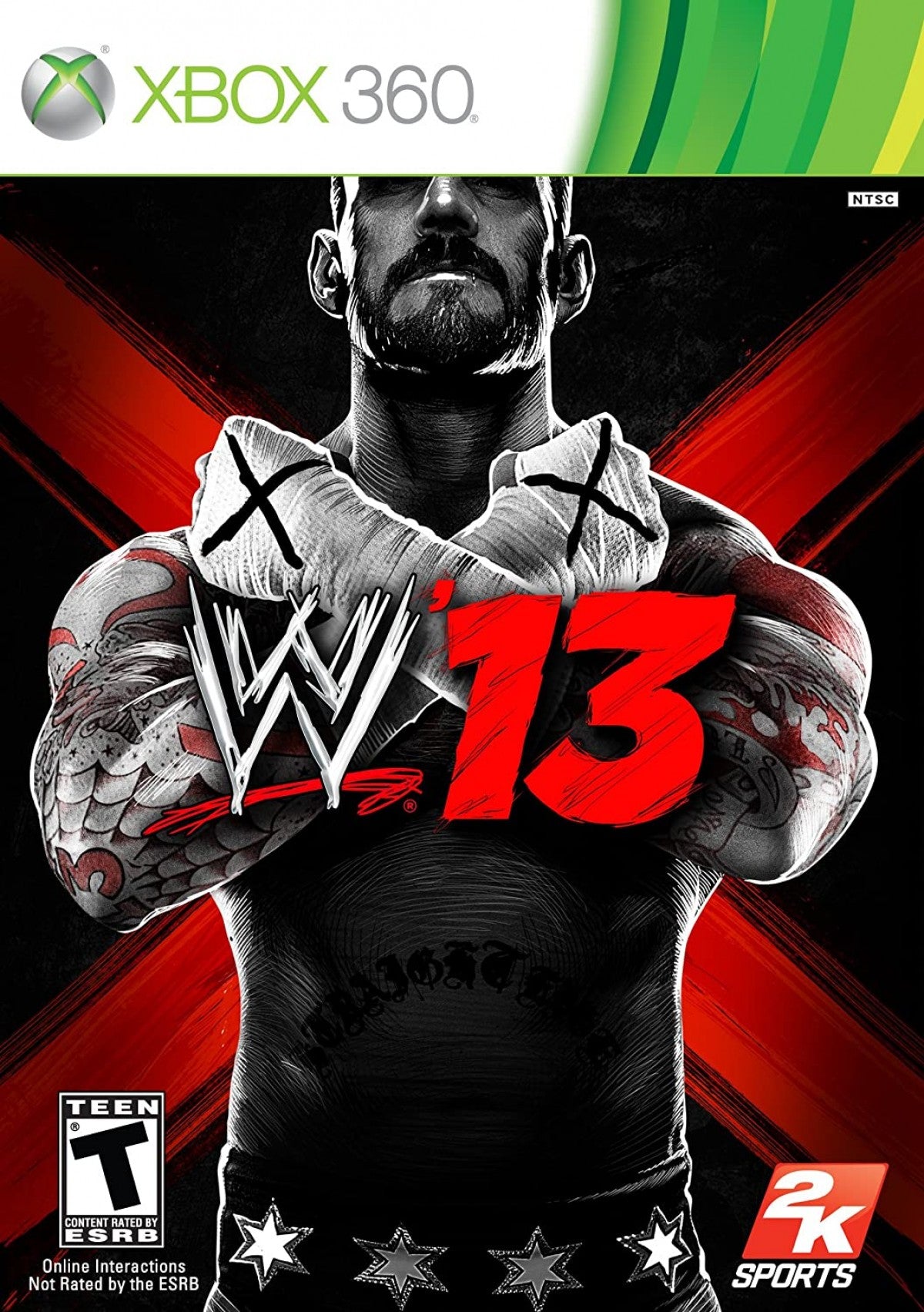 WWE ’13 Xbox 360 video game, professional wrestling sports action, WWE superstars and legends, multiplayer and career modes front cover