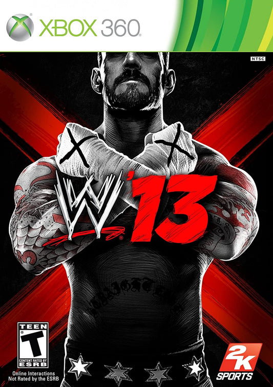 WWE ’13 Xbox 360 video game, professional wrestling sports action, WWE superstars and legends, multiplayer and career modes front cover