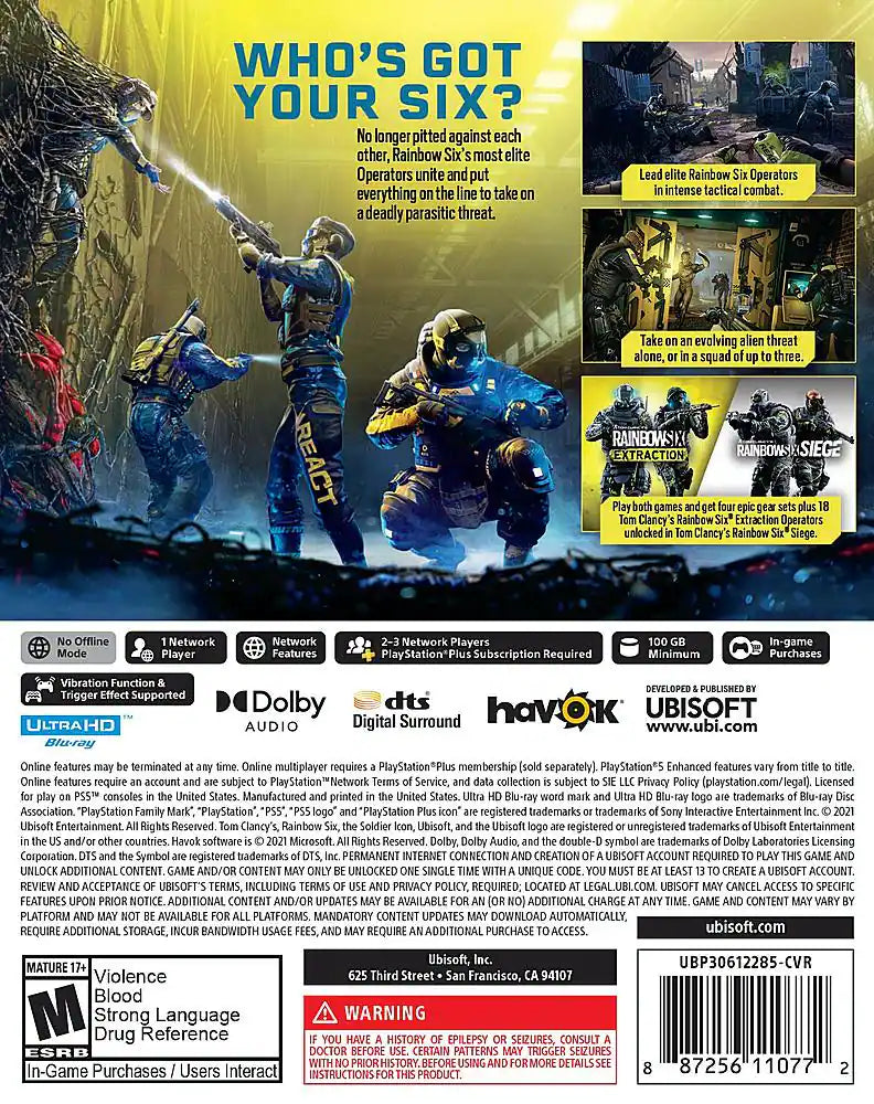 Tom Clancy’s Rainbow Six: Extraction back of box for PlayStation 5 (PS5) cooperative tactical shooter video game