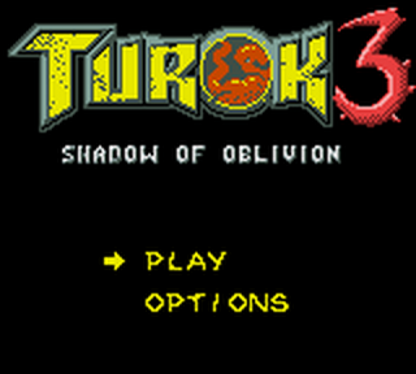 Turok 3: Shadow of Oblivion Nintendo Game Boy Color GBC for action platformer retro video game fans featuring dinosaur battles sci fi adventure side scrolling gameplay powerful weapons challenging enemies intense combat classic handheld gaming collectible gaming appeal title screen