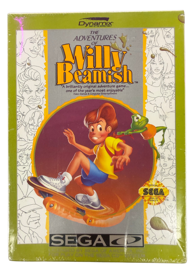 Willy Beamish Sega CD sealed for graphic adventure video game fans featuring cartoon comedy storytelling interactive environments puzzle solving mischievous adventures colorful characters and classic Sierra On-Line gameplay factory sealed collectible Sega CD gaming appeal front cover