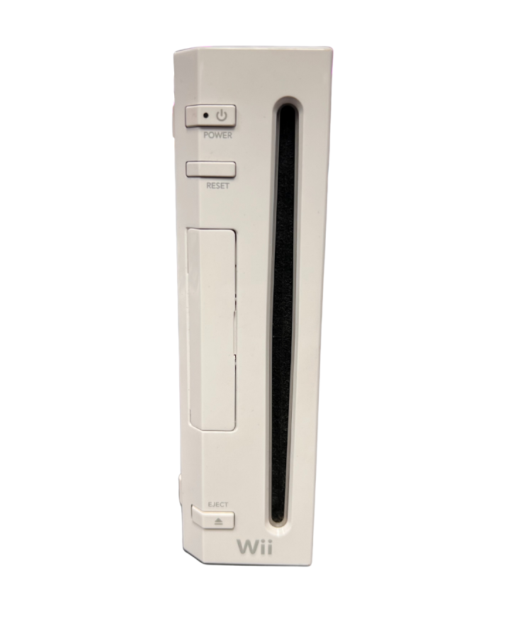“Direct front close-up of a white Nintendo Wii console highlighting the disc slot, power button, reset button, and eject button.