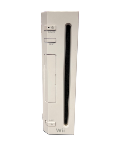 “Direct front close-up of a white Nintendo Wii console highlighting the disc slot, power button, reset button, and eject button.