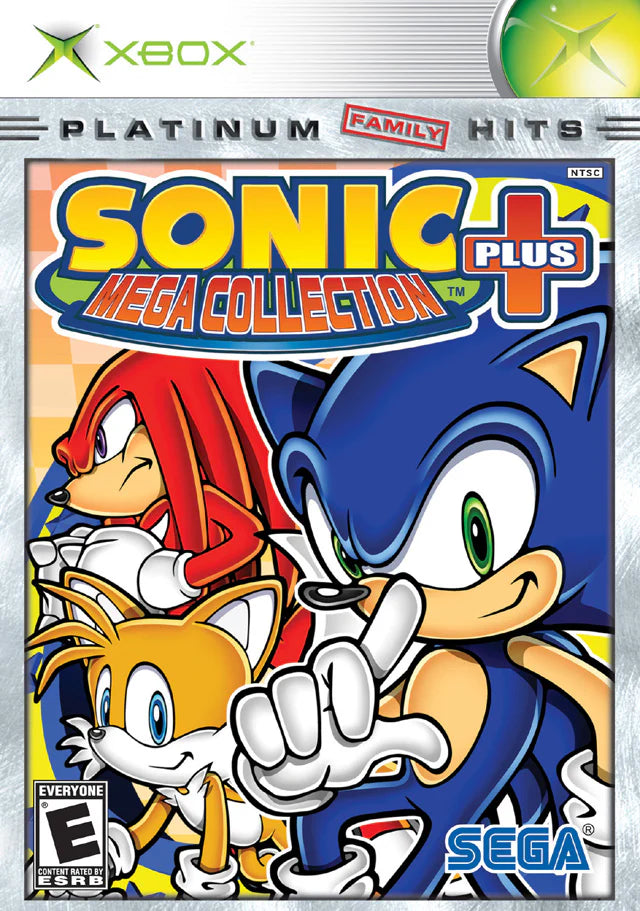 Sonic Mega Collection Plus Platinum Hits Xbox inspired design featuring classic Sega platform gaming collection aesthetic Sonic the Hedgehog retro arcade action fast paced side scrolling gameplay iconic blue blur adventures nostalgic gaming history presentation front cover