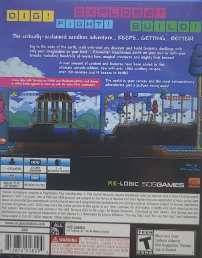 Terraria – PlayStation 4 (PS4) video game back of case, action-adventure sandbox game