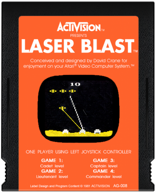 Laser Blast Atari 2600 inspired design featuring classic arcade space shooter aesthetic futuristic alien assault gameplay minimalist pixel graphics fast paced score chasing action vintage home console gaming nostalgia retro Atari presentation cartridge