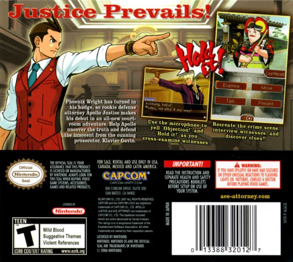 Ace Attorney: Apollo Justice back of casefor Nintendo DS (DS) courtroom visual novel adventure video game