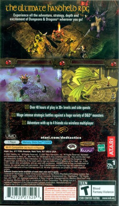 Dungeons & Dragons Tactics game back cover for PlayStation Portable (PSP) with two dragons on a brown background