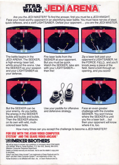 Star Wars Jedi Arena retro Atari 2600 video game featuring Star Wars space combat, lightsaber duels, multiplayer arcade battles and classic Atari gameplay - back of case