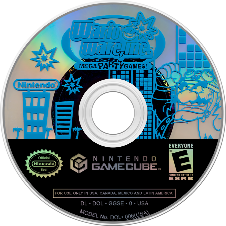WarioWare Mega Party Games GameCube GC video game, party game, fast-paced microgames, multiplayer, family-friendly, Nintendo GameCube classic disc art