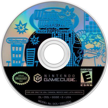 WarioWare Mega Party Games GameCube GC video game, party game, fast-paced microgames, multiplayer, family-friendly, Nintendo GameCube classic disc art